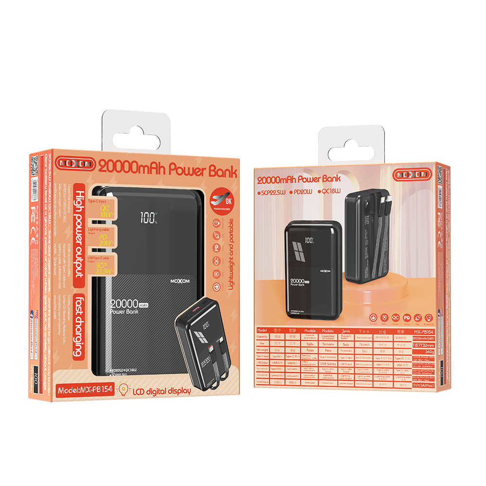 Power bank Moxom MX-PB154 20W PD+22.5W QC 20000mAh 2.4A crni-1