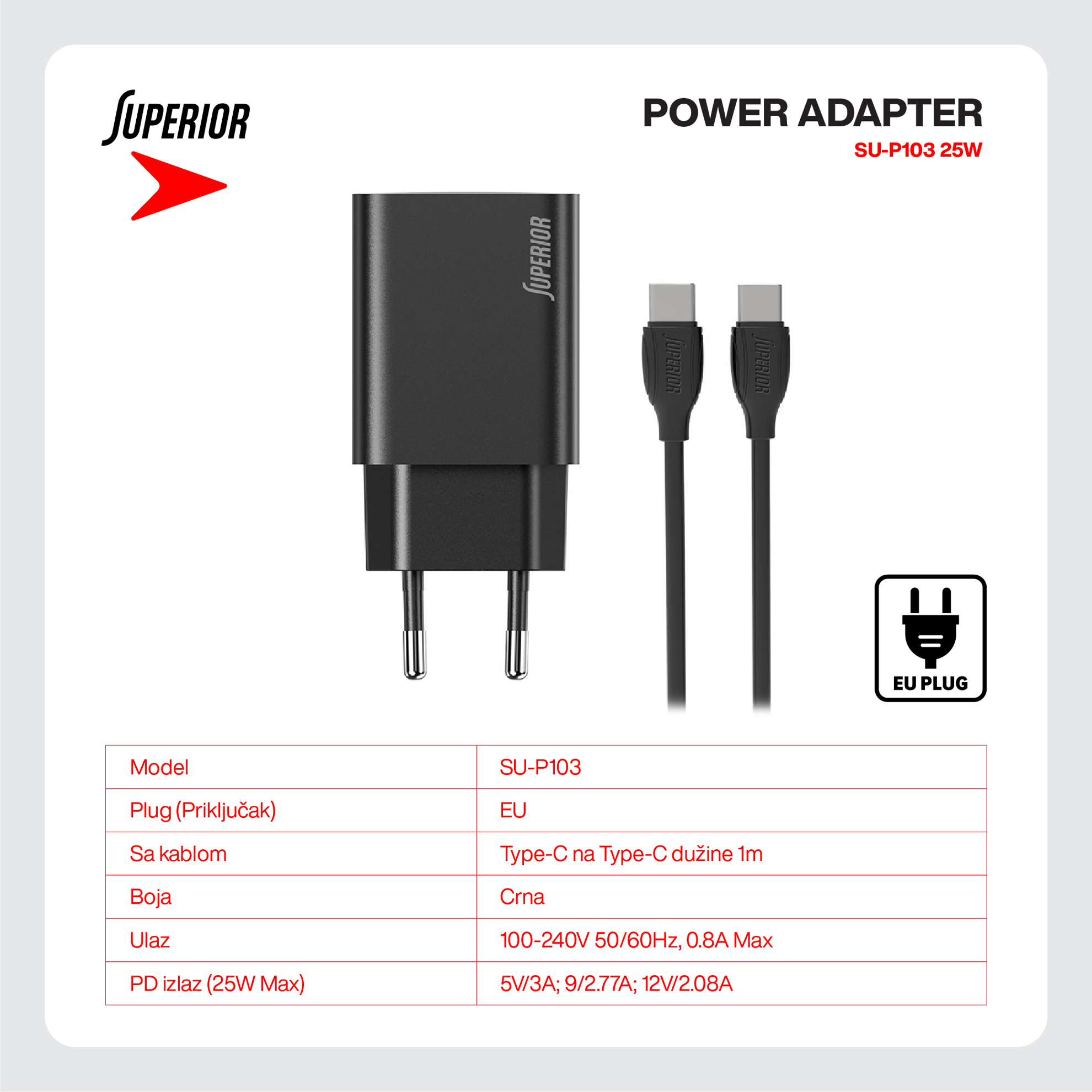 Kucni punjac Superior SU-P103 Super Fast PD 25W 3A Type C na Type C crni (CERT)-3